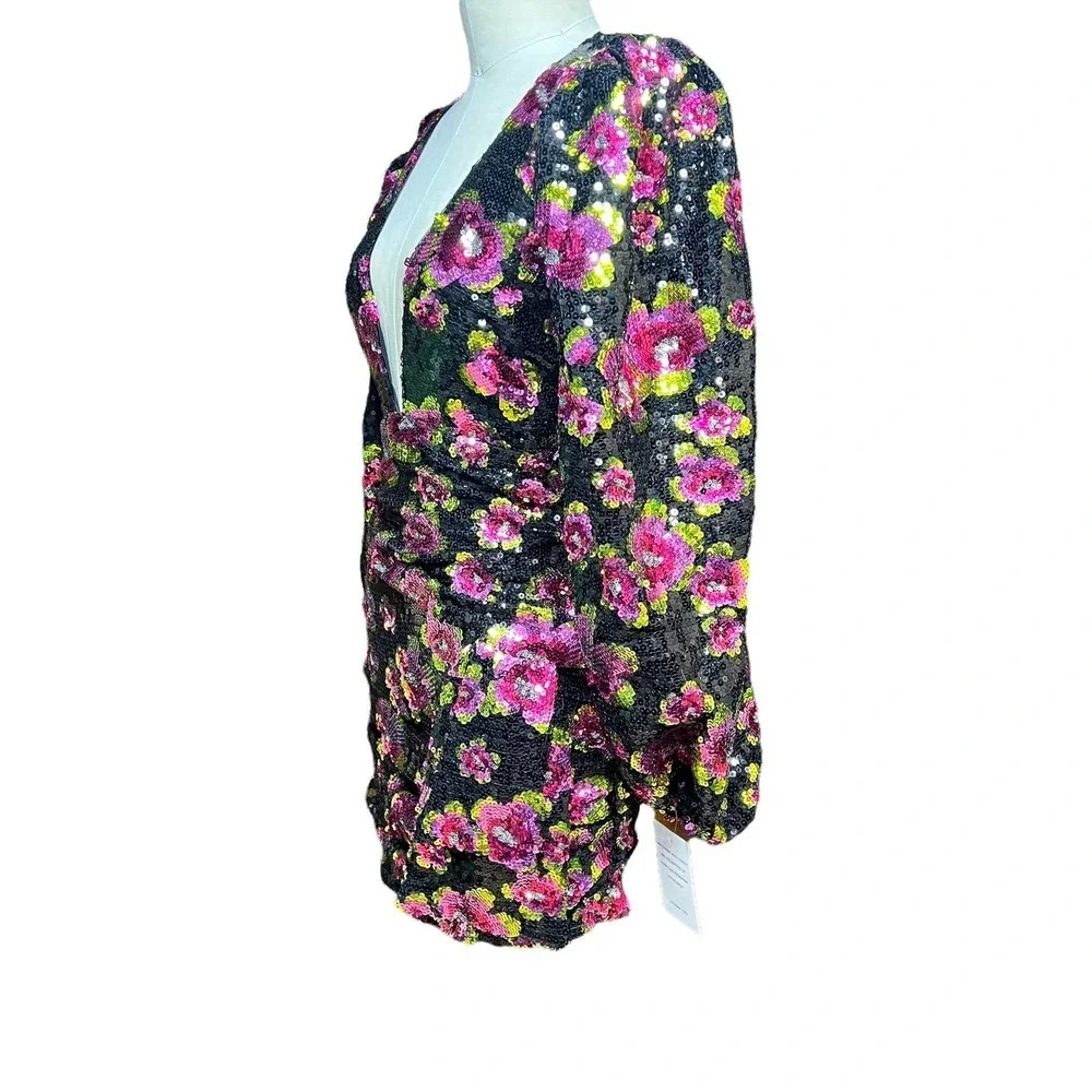 For Love & Lemons‎ Morrison Mini Dahlia Floral Dress Black Sequin Size XS - Picture 6 of 13